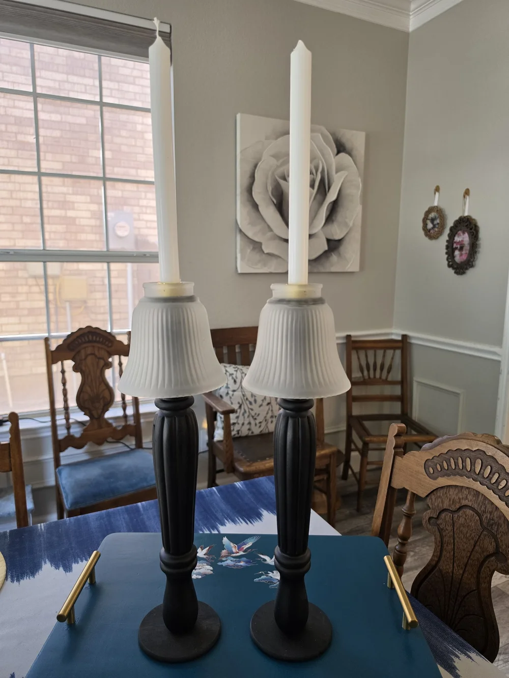 Pair Tall Black Wood Candlestick Holders White Ribbed Glass Hurricane Shades